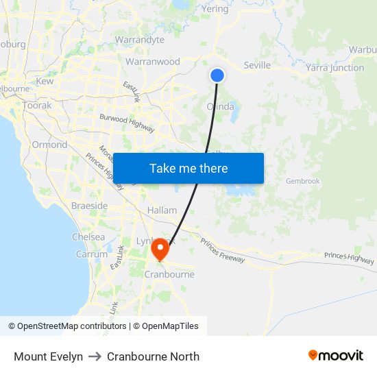 Mount Evelyn to Cranbourne North map