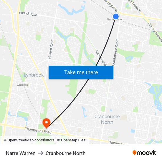 Narre Warren to Cranbourne North map