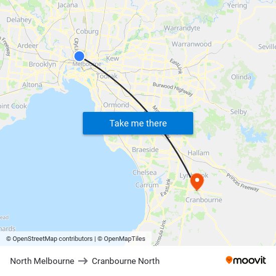 North Melbourne to Cranbourne North map