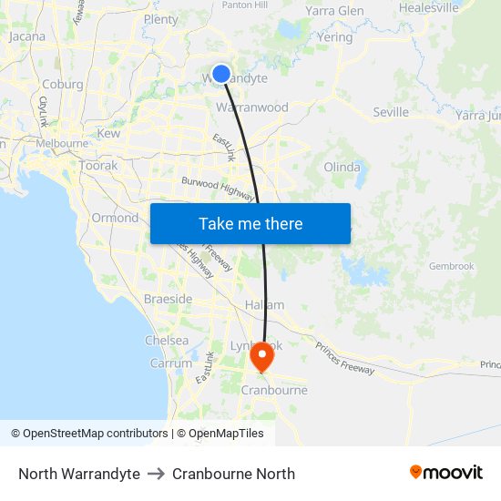 North Warrandyte to Cranbourne North map