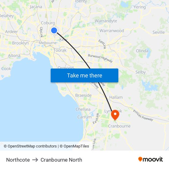 Northcote to Cranbourne North map