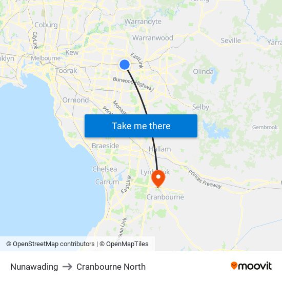 Nunawading to Cranbourne North map