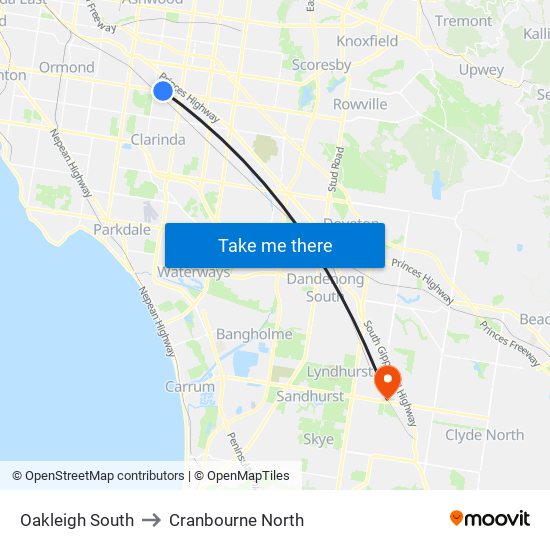 Oakleigh South to Cranbourne North map