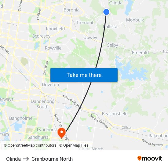 Olinda to Cranbourne North map