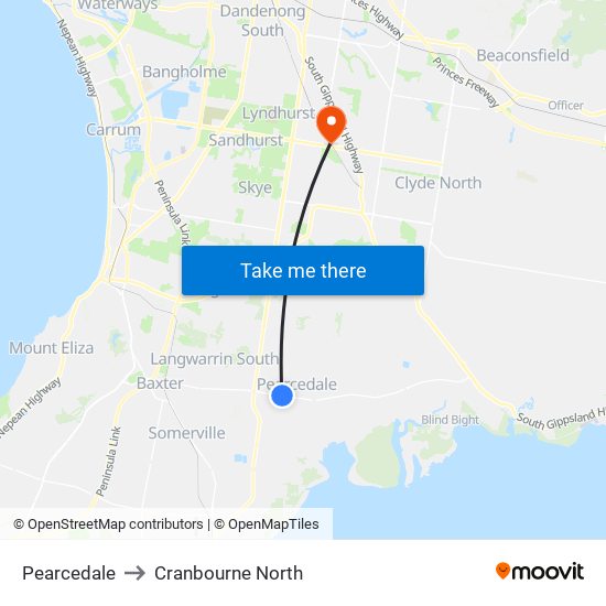 Pearcedale to Cranbourne North map