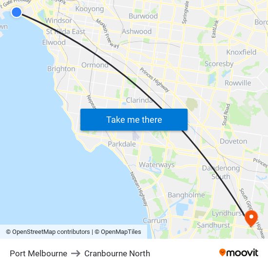 Port Melbourne to Cranbourne North map