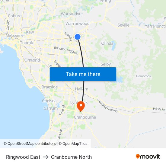 Ringwood East to Cranbourne North map