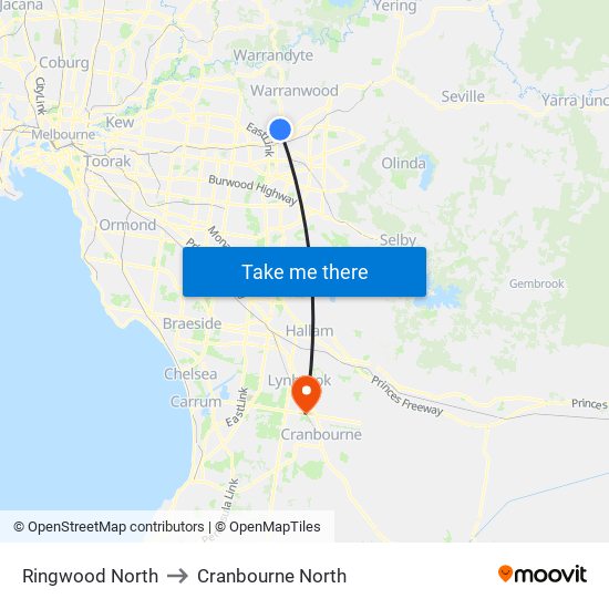 Ringwood North to Cranbourne North map