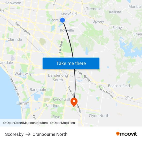 Scoresby to Cranbourne North map