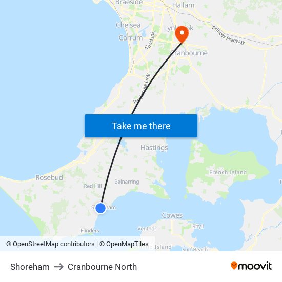 Shoreham to Cranbourne North map