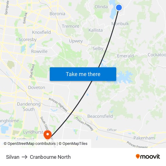 Silvan to Cranbourne North map