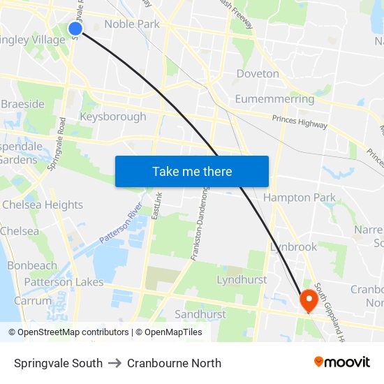 Springvale South to Cranbourne North map