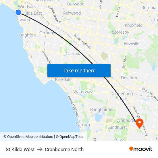 St Kilda West to Cranbourne North map