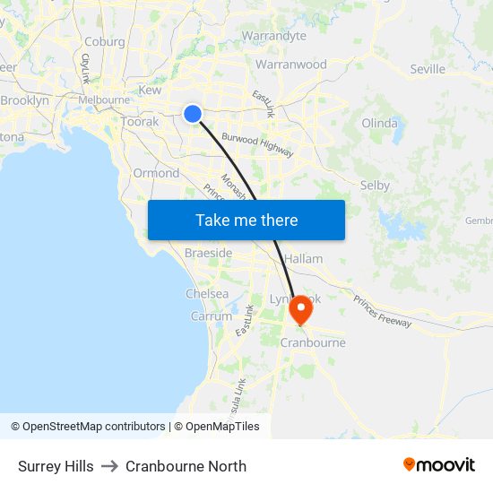 Surrey Hills to Cranbourne North map