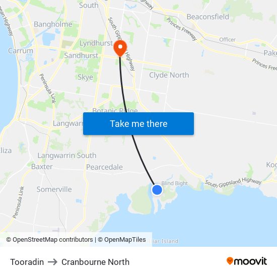 Tooradin to Cranbourne North map