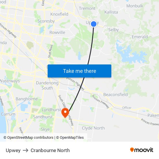 Upwey to Cranbourne North map