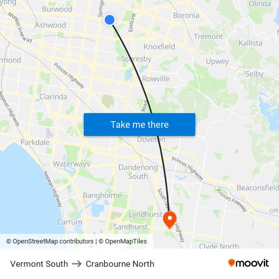 Vermont South to Cranbourne North map