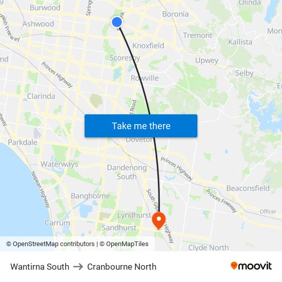 Wantirna South to Cranbourne North map