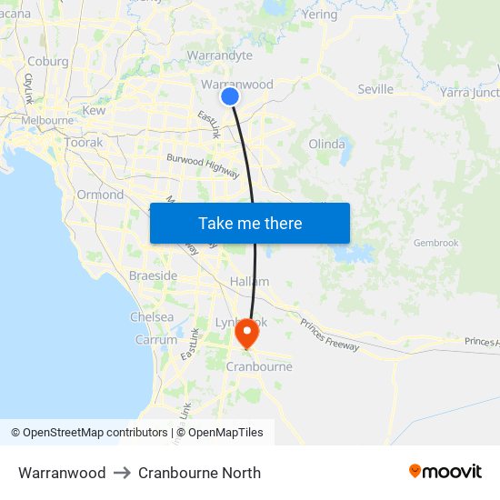 Warranwood to Cranbourne North map