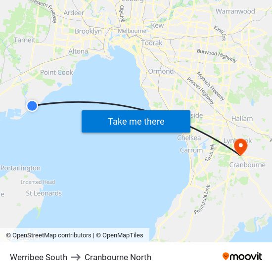 Werribee South to Cranbourne North map