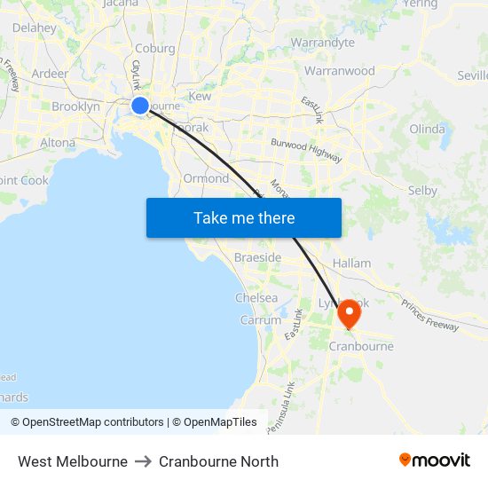 West Melbourne to Cranbourne North map