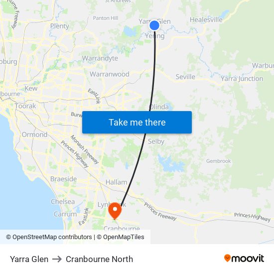 Yarra Glen to Cranbourne North map