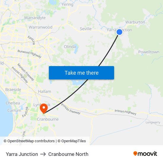 Yarra Junction to Cranbourne North map