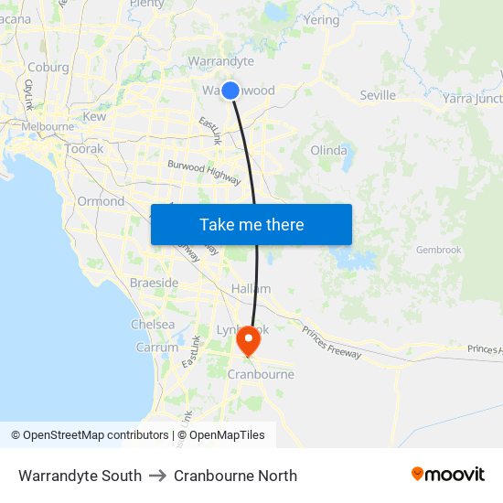 Warrandyte South to Cranbourne North map