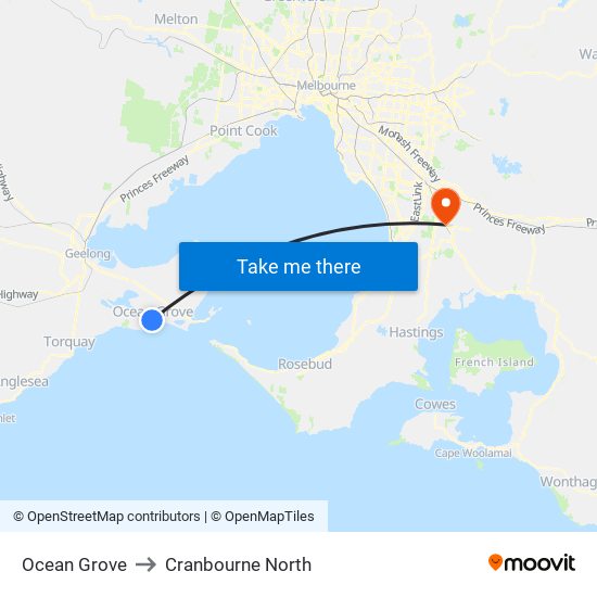 Ocean Grove to Cranbourne North map