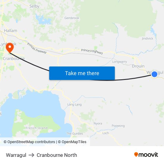 Warragul to Cranbourne North map