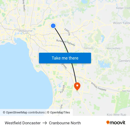 Westfield Doncaster to Cranbourne North map