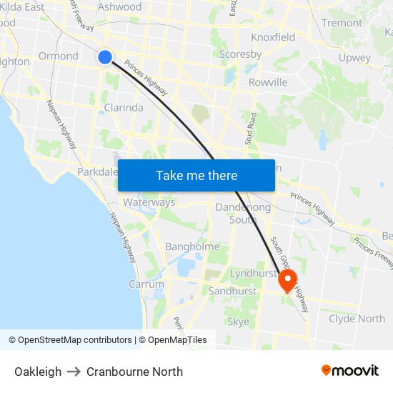 Oakleigh to Cranbourne North map