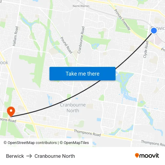 Berwick to Cranbourne North map