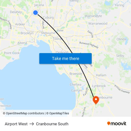 Airport West to Cranbourne South map