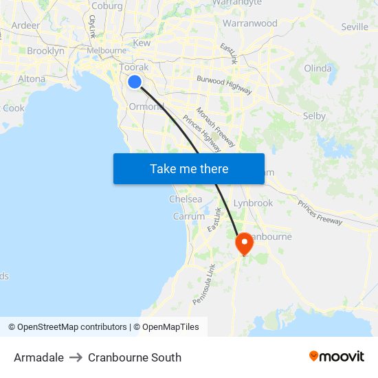 Armadale to Cranbourne South map