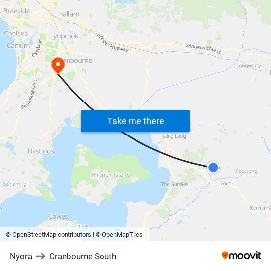 Nyora to Cranbourne South map