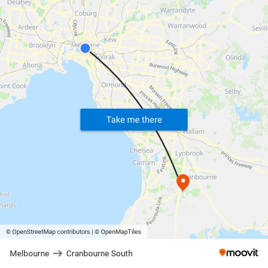 Melbourne to Cranbourne South map