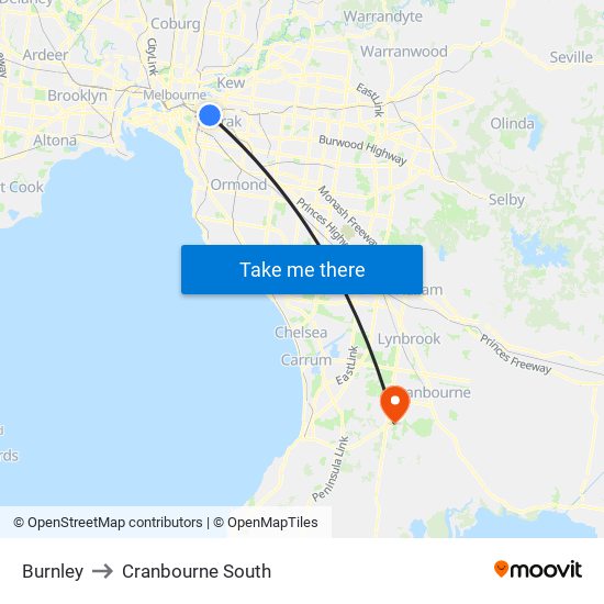 Burnley to Cranbourne South map