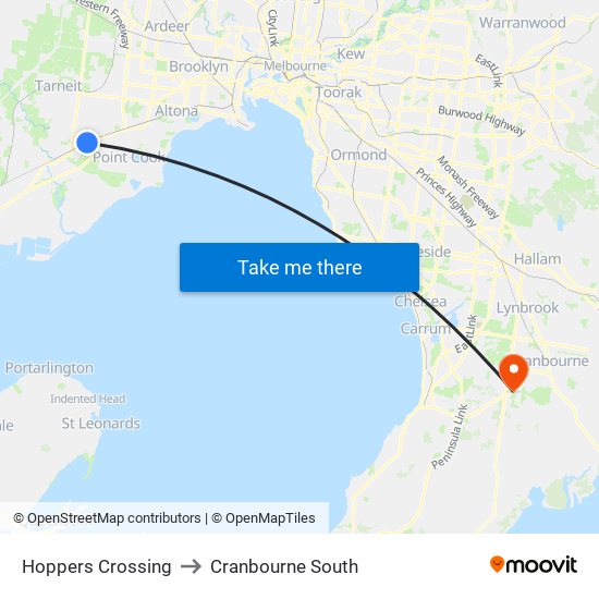 Hoppers Crossing to Cranbourne South map