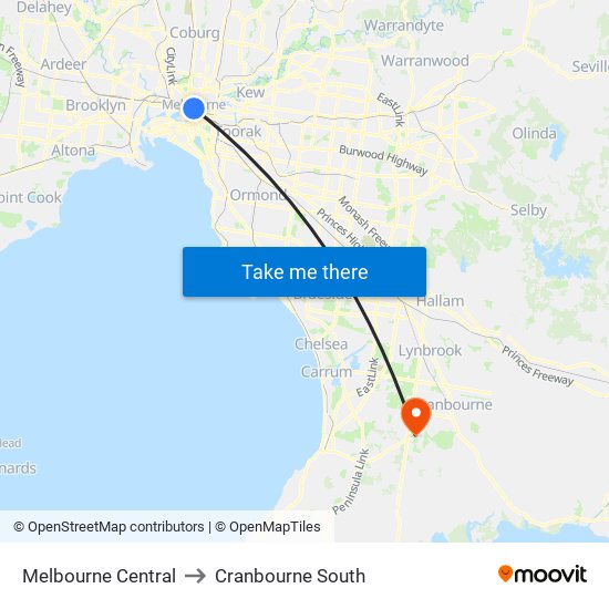 Melbourne Central to Cranbourne South map