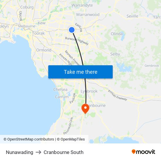 Nunawading to Cranbourne South map