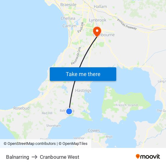 Balnarring to Cranbourne West map