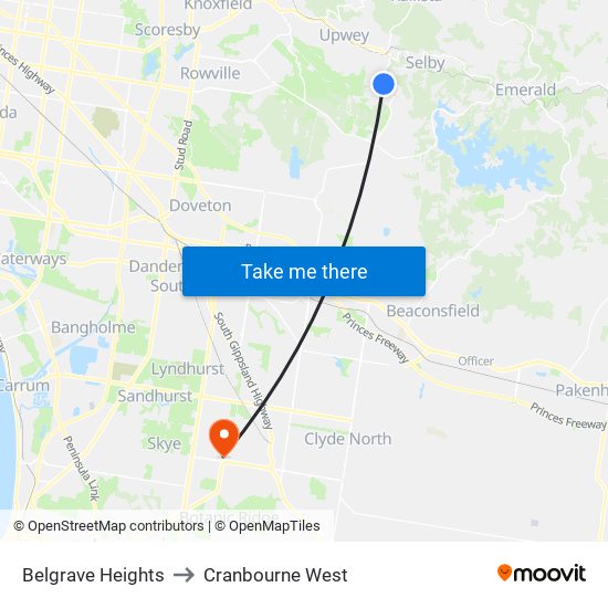 Belgrave Heights to Cranbourne West map