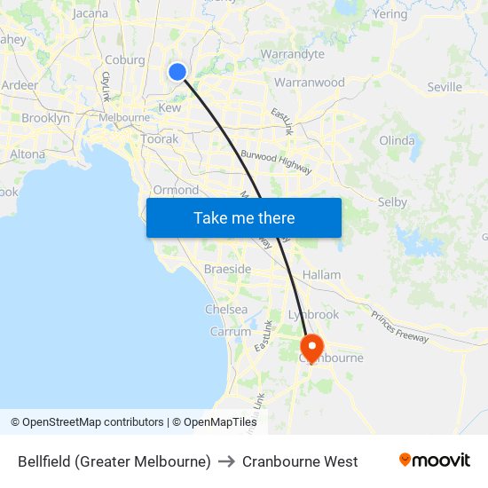 Bellfield (Greater Melbourne) to Cranbourne West map