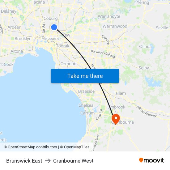Brunswick East to Cranbourne West map