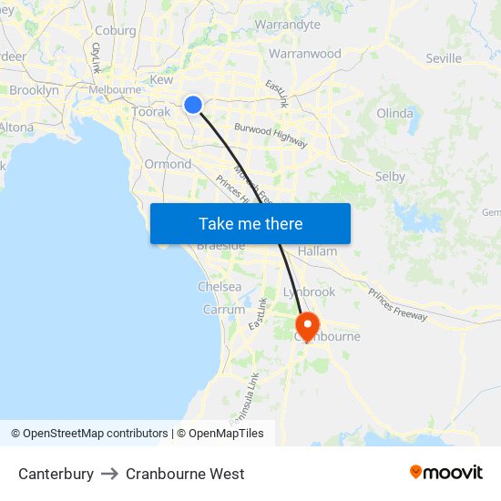 Canterbury to Cranbourne West map