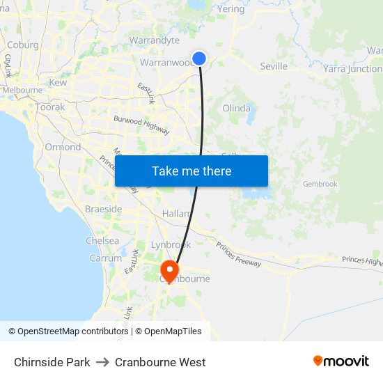 Chirnside Park to Cranbourne West map