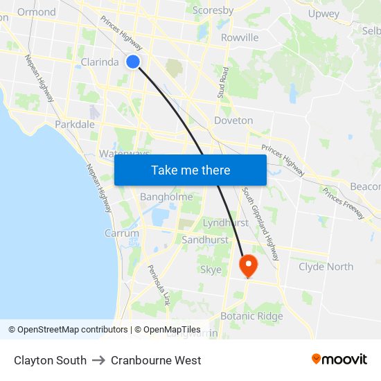 Clayton South to Cranbourne West map