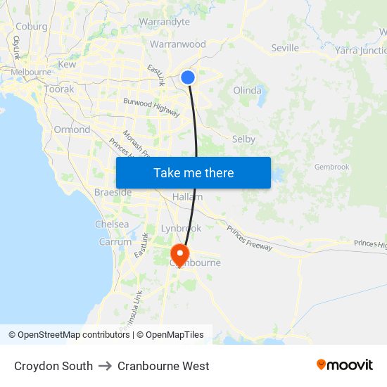 Croydon South to Cranbourne West map