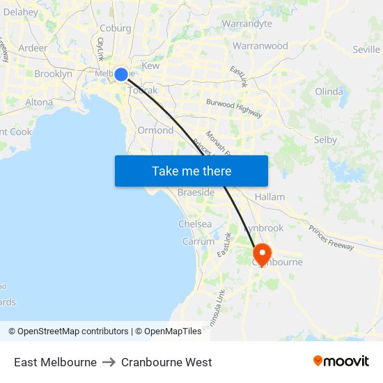 East Melbourne to Cranbourne West map